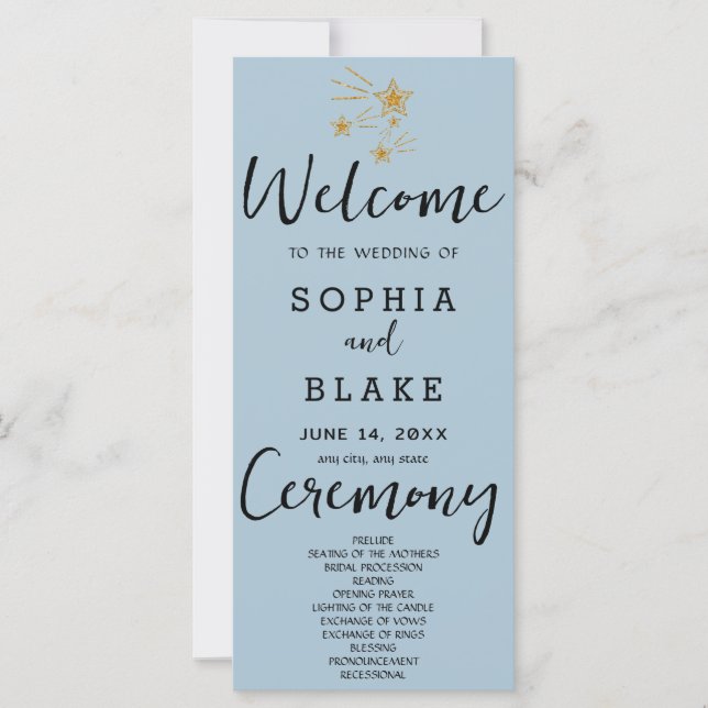 Gold Shooting Stars Blue Grey Wedding Program (Front)