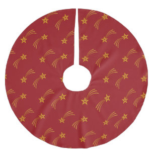 Gold shooting stars on red brushed polyester tree skirt