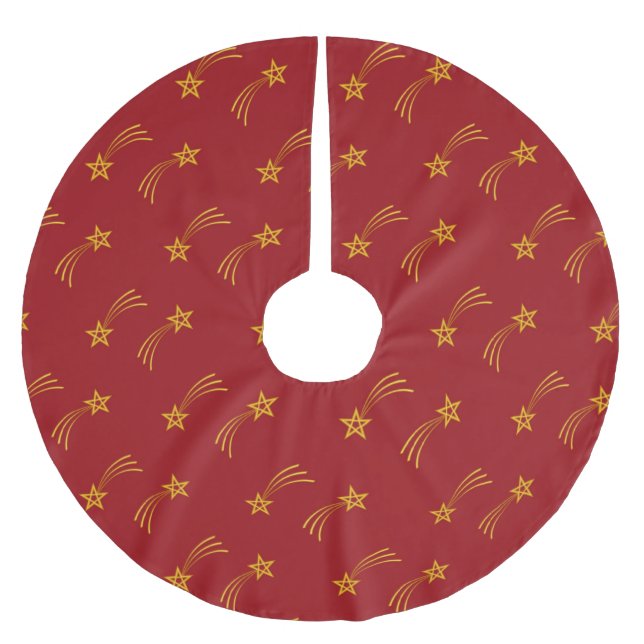 Gold shooting stars on red brushed polyester tree skirt (Front)