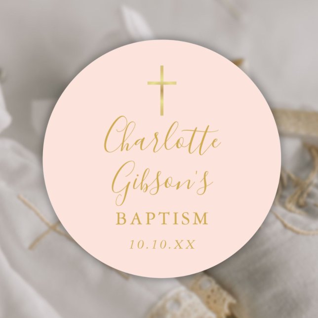 Gold Signature Baptism Christening Blush Pink Classic Round Sticker (Gold Signature Baptism Christening Blush Pink Classic Round Sticker)