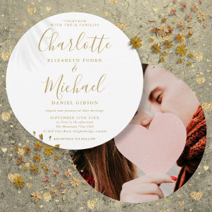 Gold Signature Script Circular Photo Wedding Invitation