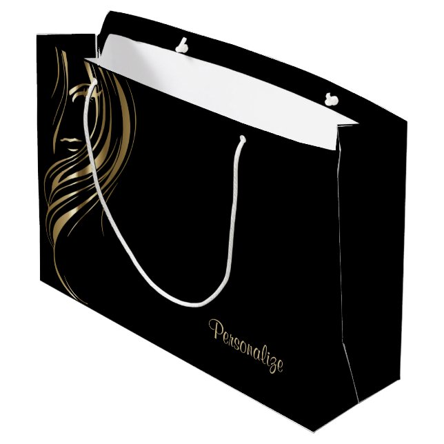 Gold Silhouette Girl on Black Large Gift Bag (Back Angled)