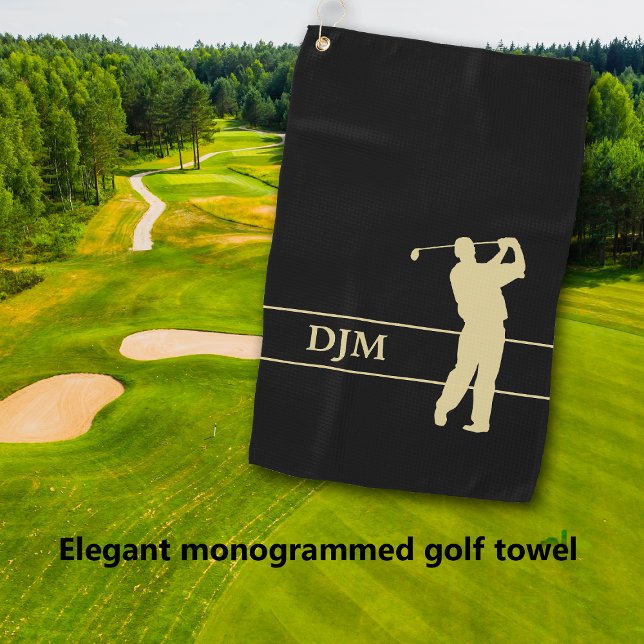 Gold Silhouette Golfer Monogram Golf Towel (Creator Uploaded)