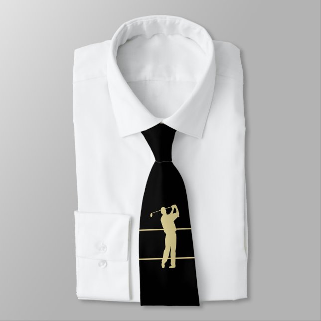 Gold Silhouette Golfer on Black Neck Tie (Tied)