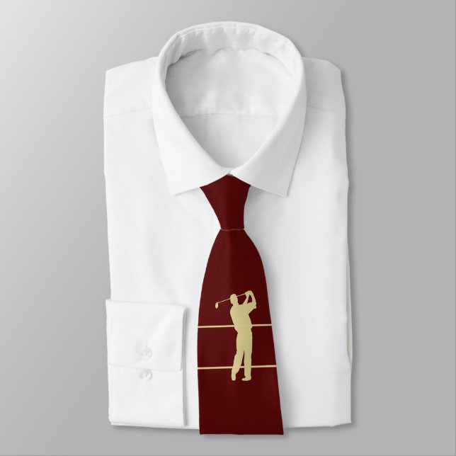Gold Silhouette Golfer on Maroon Red Neck Tie (Tied)