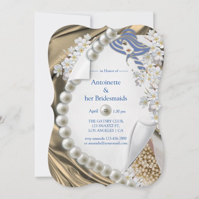 Gold Silk & Ivory Pearls Bridal Party Invitation (Front)