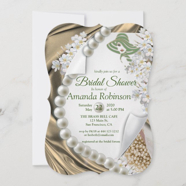 Gold Silk  & Ivory Pearls Bridal Shower Invitation (Front)