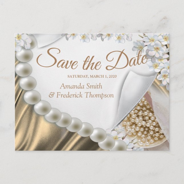 Gold Silk & Ivory Pearls Save the Date Announcement Postcard (Front)
