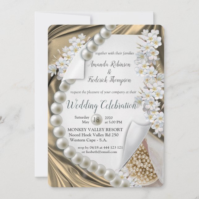 Gold Silk  & Ivory Pearls Wedding Invitation (Front)
