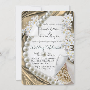 Gold Silk & Ivory Pearls Wedding Invitation