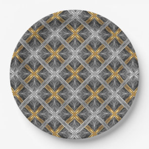 Gold, Silver, and Grey Laced Diamonds Pattern Paper Plate