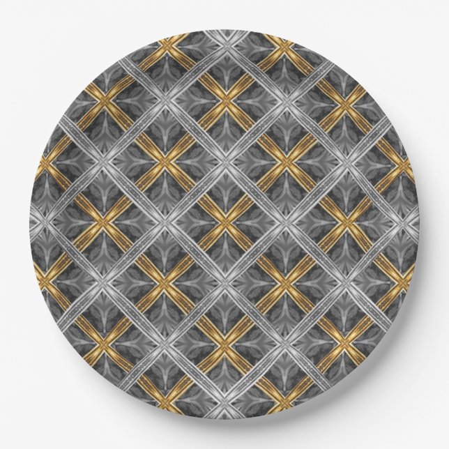 Gold, Silver, and Grey Laced Diamonds Pattern Paper Plate (Front)