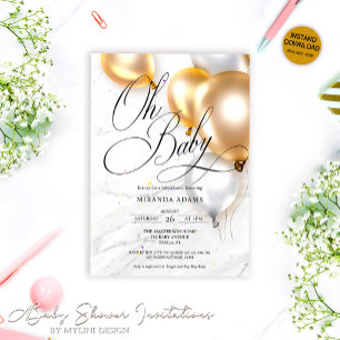 Gold Silver Balloons Gender Neutal Baby Shower Invitation