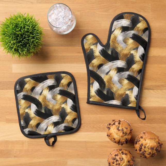 Gold Silver Black Christmas Celebration Oven Mitt & Pot Holder Set (Top Down)