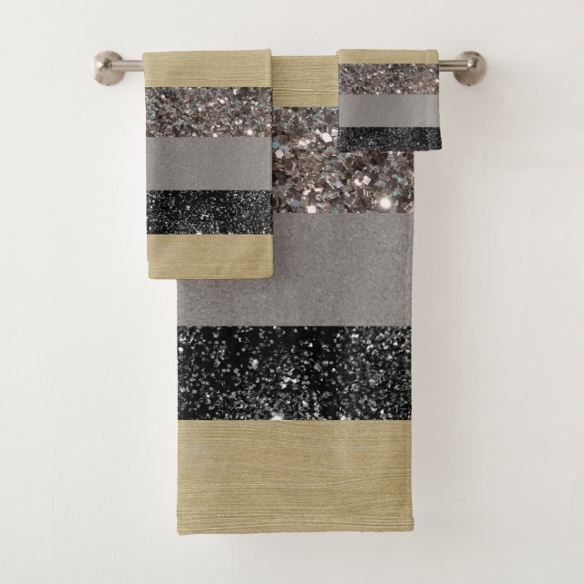 Gold Silver Black Glitter Glam Stripes #1 Bath Towel Set (Insitu)