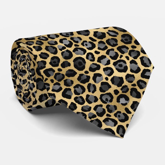 GOLD SILVER BLACK LEOPARD MENS TIE (Rolled)