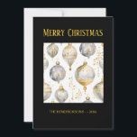 Gold Silver Black Ornaments Christmas Card<br><div class="desc">A lovely holiday card to give for Christmas, it features a watercolor pattern of gold and silver ornaments that is very elegant. The background of the card is black. You can keep or change the faux gold "Merry Christmas" greeting. Be sure to edit the example "from" names and date. On...</div>