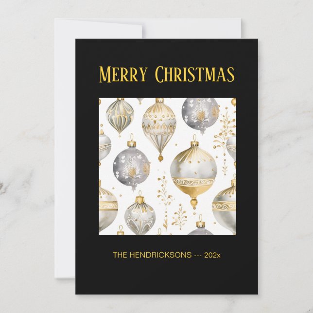 Gold Silver Black Ornaments Christmas Card (Front)