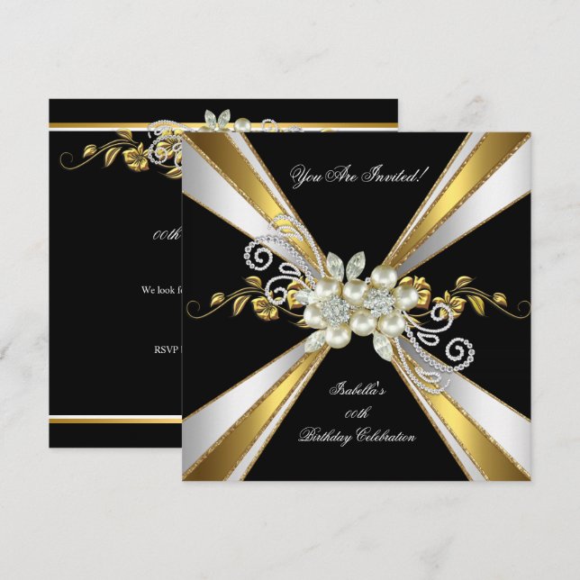Gold Silver Black White Diamond Pearl Birthday 5 Invitation (Front/Back)