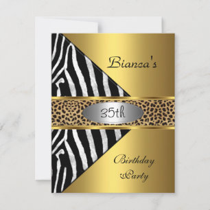 Gold Silver Black Zebra Leopard 35th Birthday Invitation