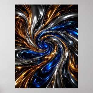 Gold Silver Blue Chrome Swirl Wall Art Poster