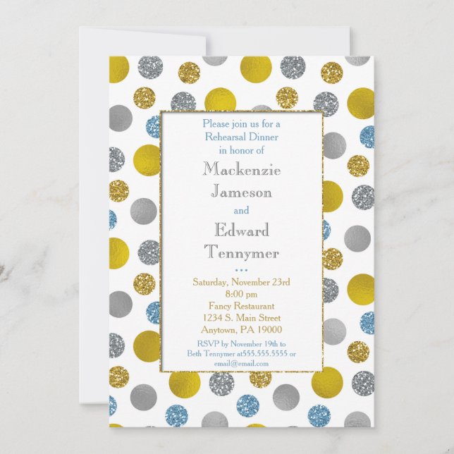 Gold Silver Blue Dots Rehearsal Dinner Invitation (Front)