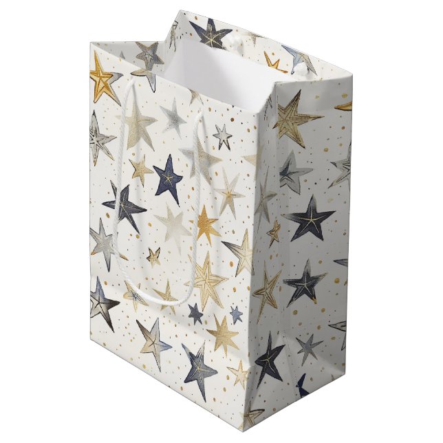 Gold Silver Blue Stars Birthday Medium Gift Bag (Front Angled)