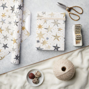 Gold Silver Blue Stars Birthday Wrapping Paper
