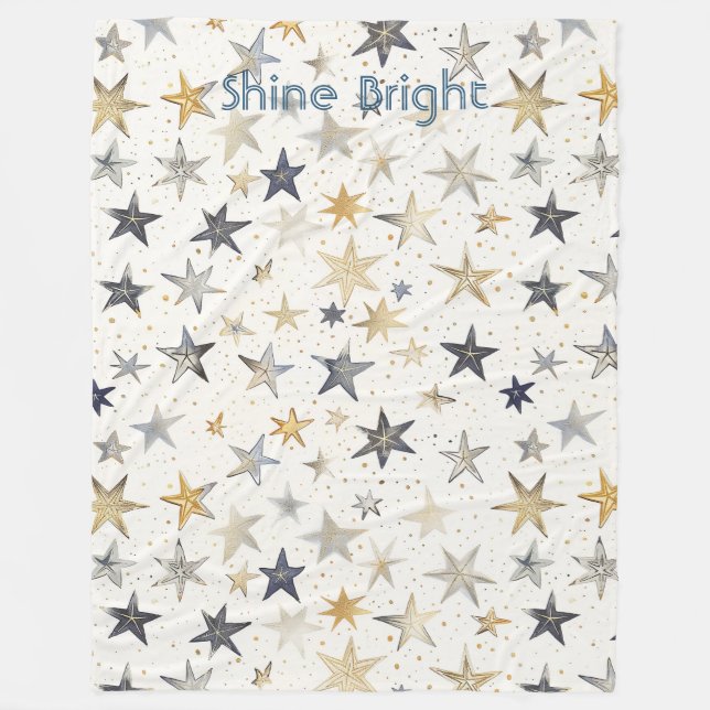 Gold Silver Blue Stars Fleece Blanket (Front)