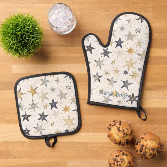 Gold Silver Blue Stars Oven Mitt & Pot Holder Set (Top Down)