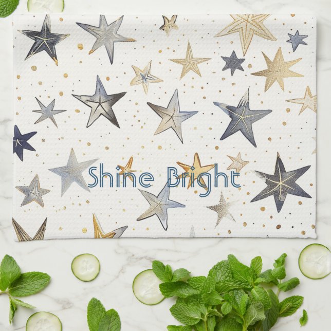 Gold Silver Blue Stars Tea Towel (Folded)