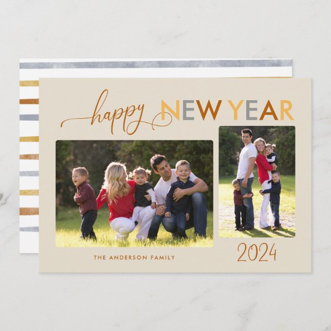 Gold Silver Bronze Happy New Year 2 Photos Holiday (Front/Back)