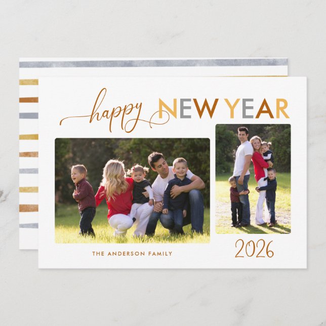 Gold Silver Bronze Happy New Year 2 Photos Holiday Card (Front/Back)