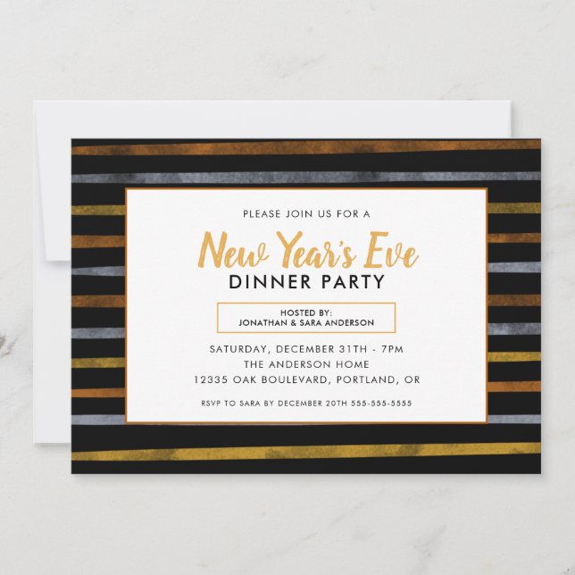 Gold Silver Bronze Stripes New Year's Eve Party Invitation (Front)