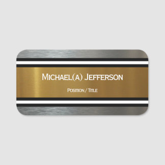 Gold & Silver Brushed Texture: Black White Striped Name Tag