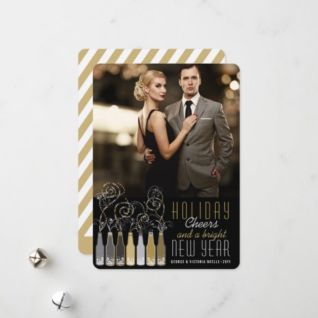Gold & Silver Bubbly Bottles Cheers New Year Photo Holiday Card (Front/Back In Situ)