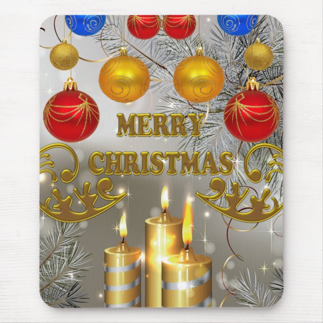 Gold & Silver Christmas Candles & Colourful Bulbs Mouse Pad (Front)