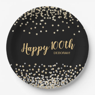 Gold Silver Confetti 100th Birthday Party Paper Plate