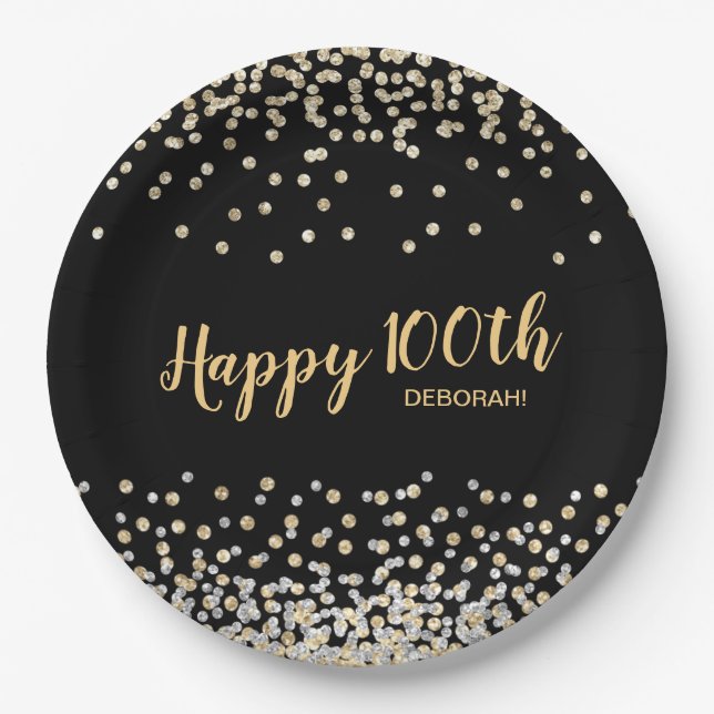 Gold Silver Confetti 100th Birthday Party Paper Plate (Front)