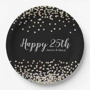 Gold Silver Confetti Custom 25th Anniversary Party Paper Plate