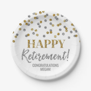 Gold Silver Confetti Happy Retirement Paper Plate
