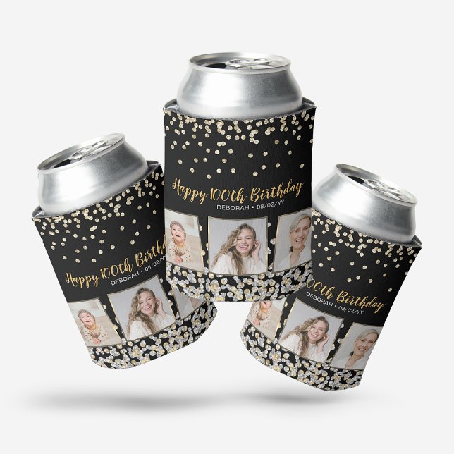Gold Silver Confetti Photo Collage 100th Birthday Can Cooler (Creator Uploaded)