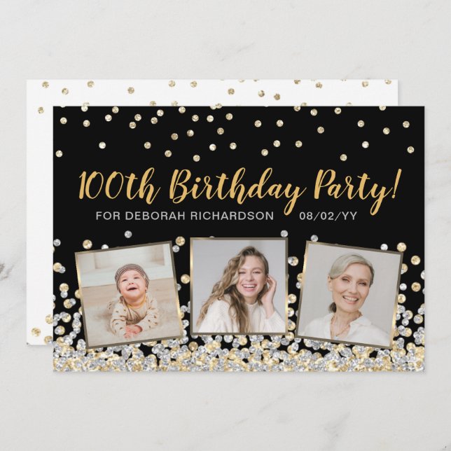 Gold Silver Confetti Photo Collage 100th Birthday Invitation (Front/Back)