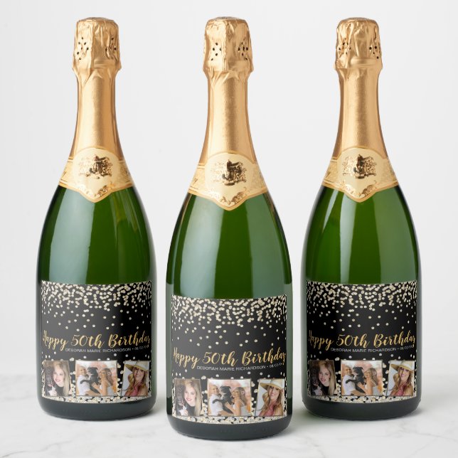 Gold Silver Confetti Photo Collage 50th Birthday Sparkling Wine Label (Bottles)