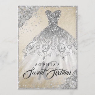 Gold Silver Diamond Sparkle Gown Sweet Sixteen Invitation