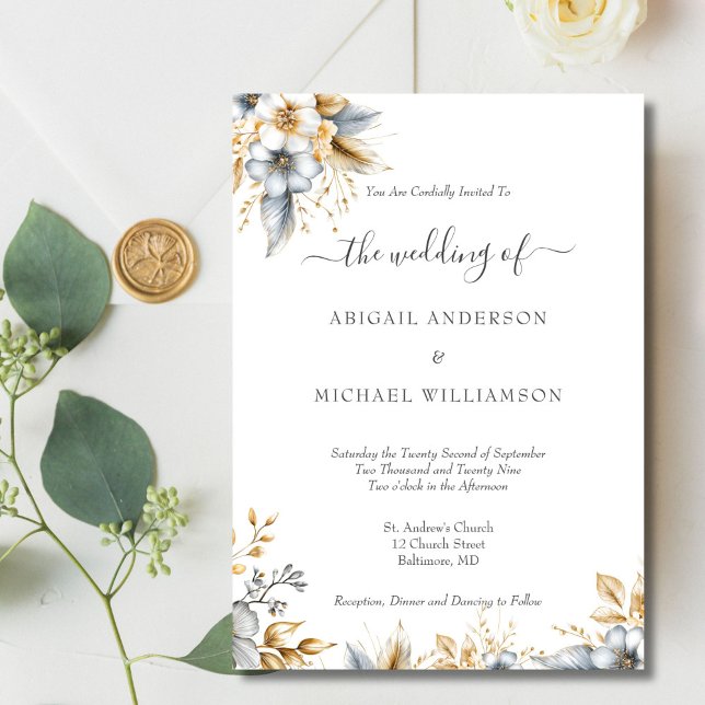 Gold Silver Floral Botanical Elegant Wedding Invitation (Gold Silver Floral Botanical Watercolor Elegant Traditional Wedding invitation. Printed or Digital )