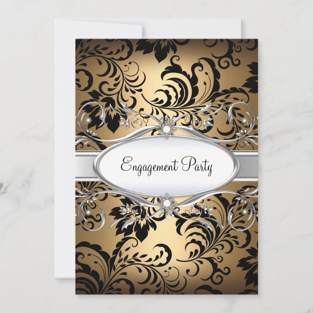 Gold Silver Floral Swirl Engagement Party Invite (Front)