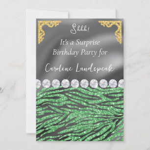 Gold Silver Foil & Light Green Zebra Print Birthda Invitation