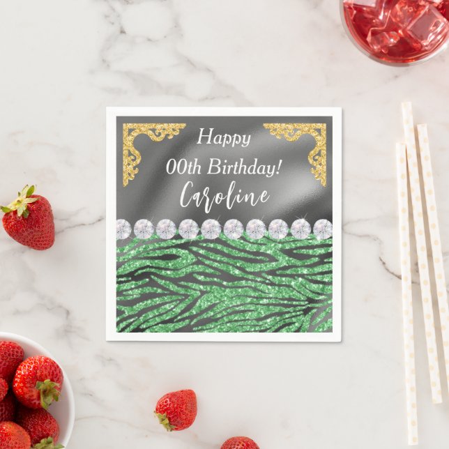 Gold Silver Foil  Light Green Zebra Print Birthday Napkin (Insitu)