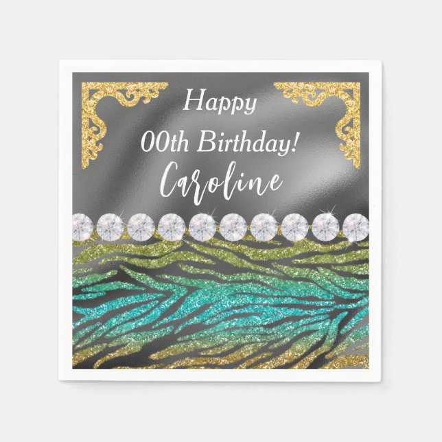 Gold Silver Foil & Teal Zebra Print Birthday Napkin (Front)